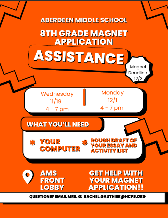 Need help with the 8th Grade Magnet Application? 🎒💻 Stop by AMS on 11/19 or 12/1 between 4–7 PM for support!  Bring your computer + essay/activity draft. Deadline is 12/3 — don’t wait!