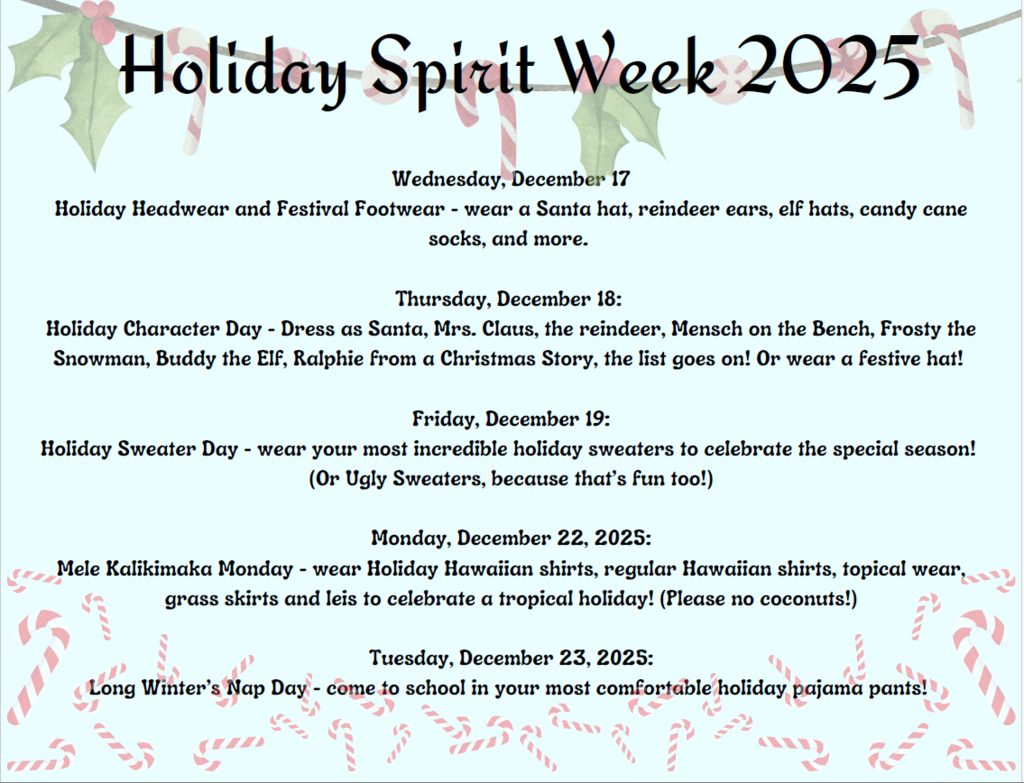 Holiday Spirit Week 2025 December 17-December 23rd