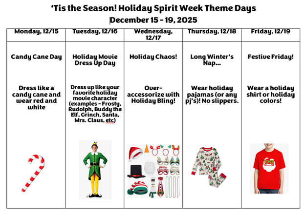 Holiday Spirit Week of 12/15-12/19