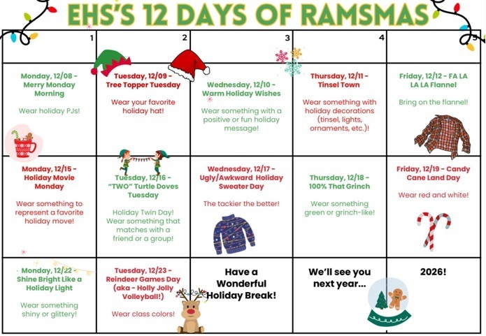 Calendar for 12 days of Ramsmas