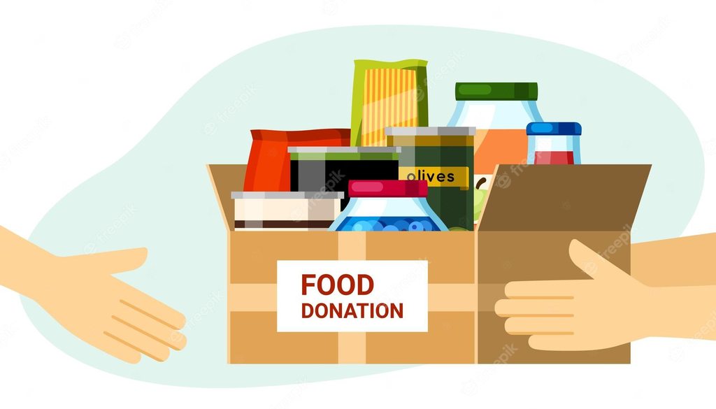 Box labeled 'Food Donation' with hands exchanging food items.