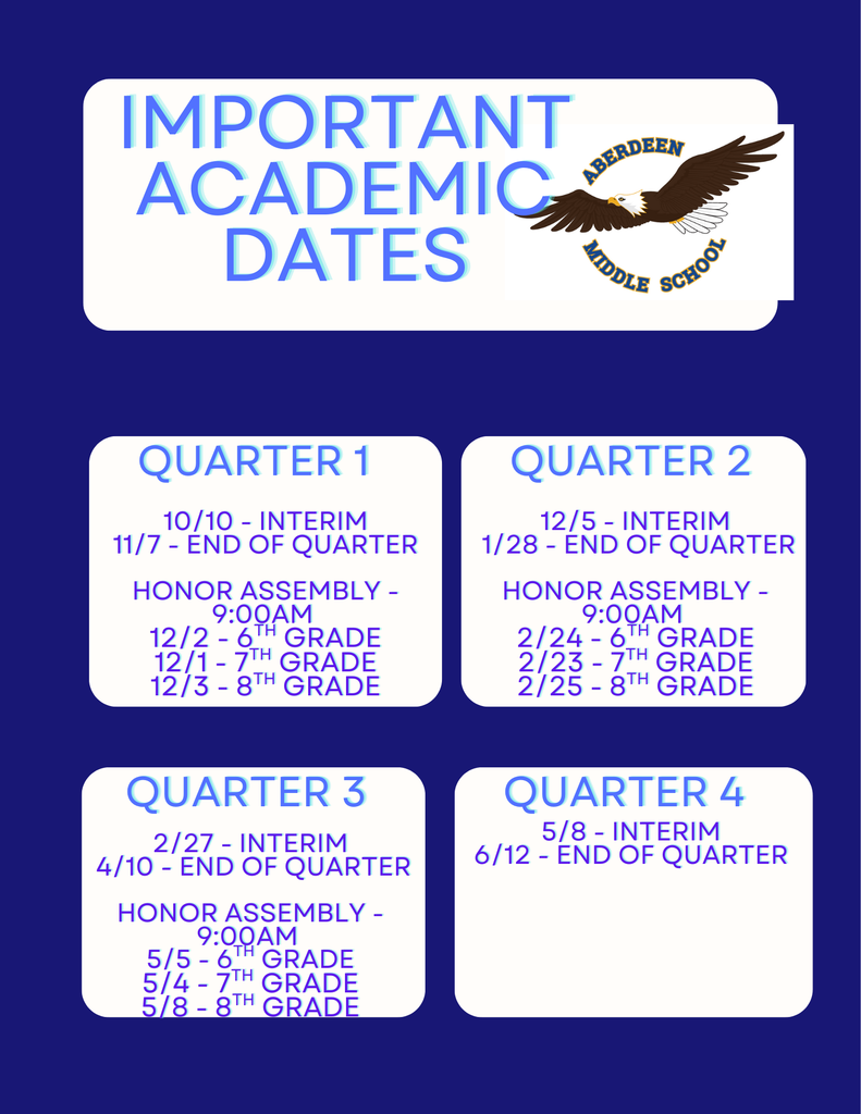 Dates for Quarter 2 and 3 for end of quarter as well as Honor roll assemblies. 