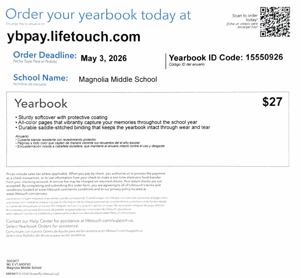 Order your MAMS yearbook at ybpay.lifetouch.com, Yearbook ID Code 15550926