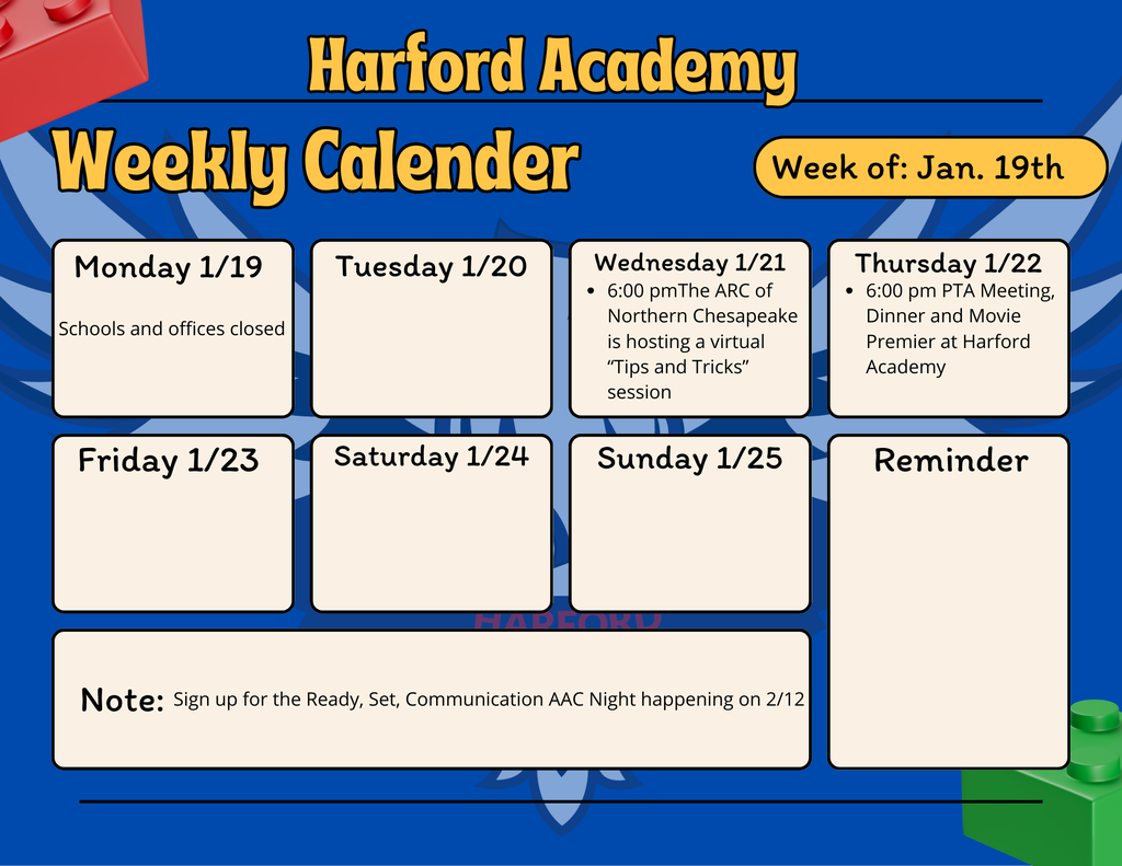 Information for the events happening this week at Harford Academy