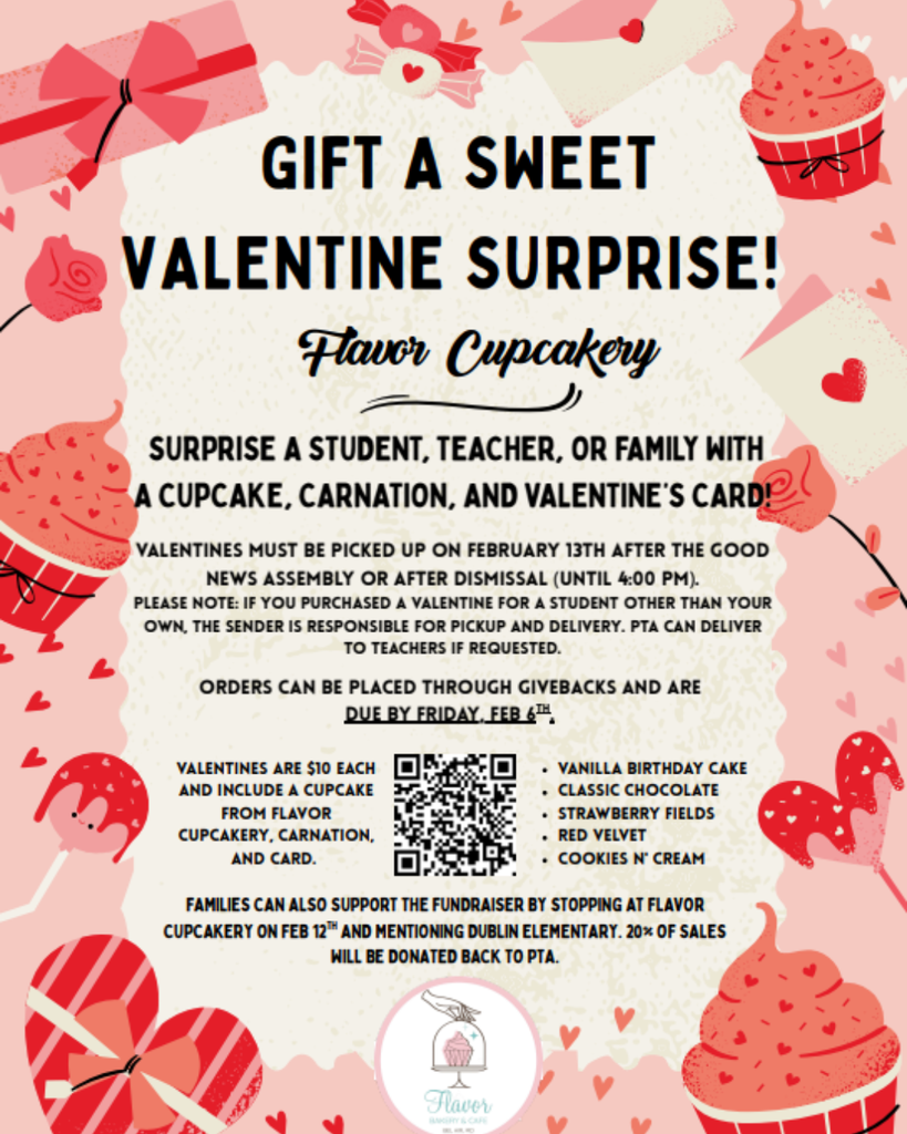 Valentine’s fundraiser flyer from Flavor Cupcakery with red and pink heart-themed graphics. The fundraiser takes place on February 12, with Valentine orders picked up on February 13. The flyer promotes gifting a cupcake, carnation, and Valentine’s card, and includes pricing, flavor options, and a QR code.