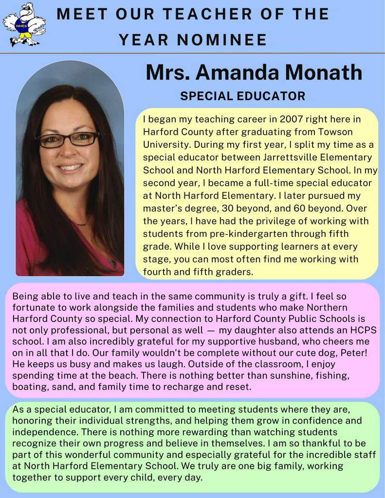 An "about me" document about our Teacher of the Year Nominee, Mrs. Amanda Monath.