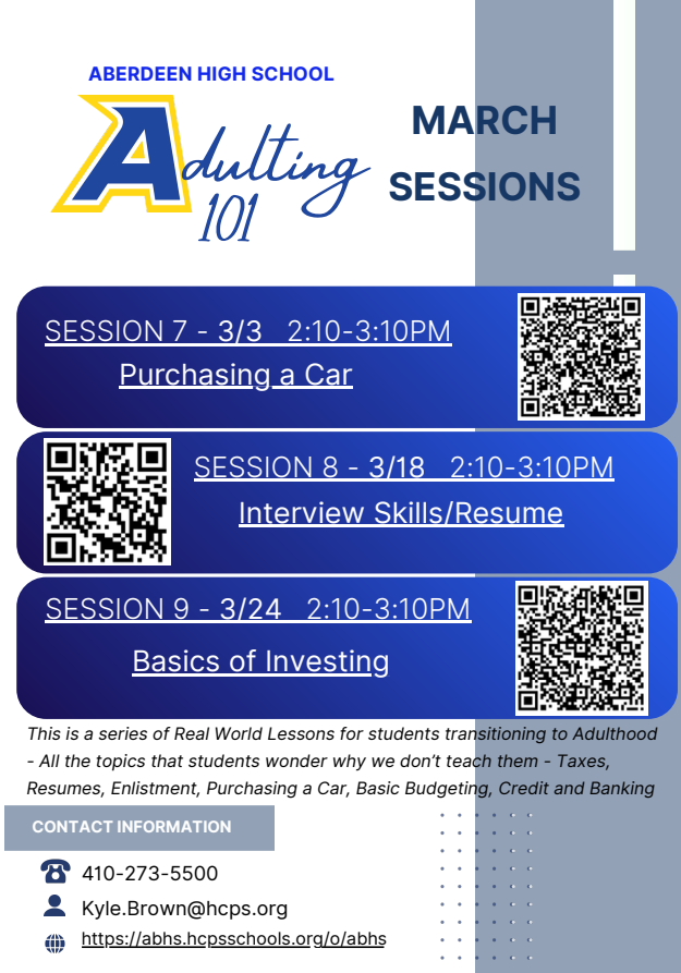 Adulting 101 March Sessions 3/2, 3/18, and 3/24
