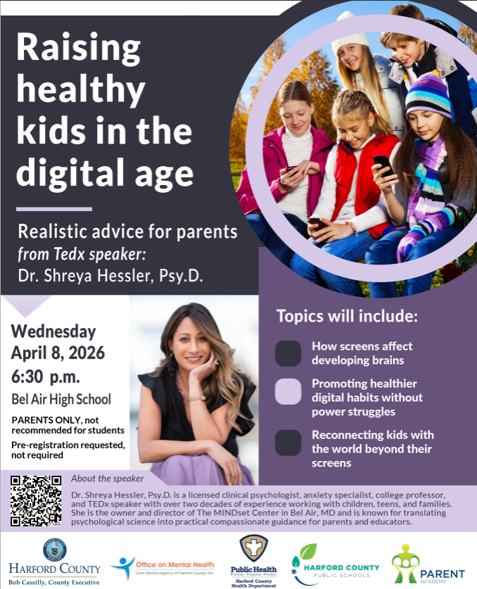 Children looking down at their cell phones and a picture of the speaker