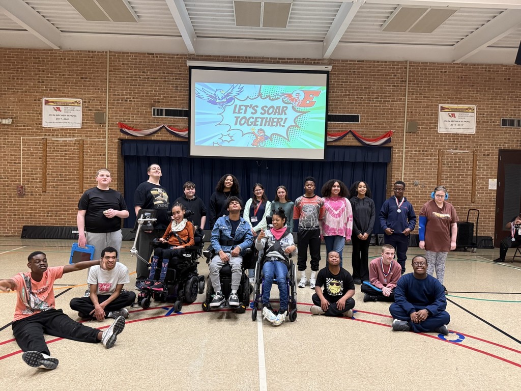 Group of students from Edgewood Middle school and Harford Academy gather together in the gym at Harford Academy.