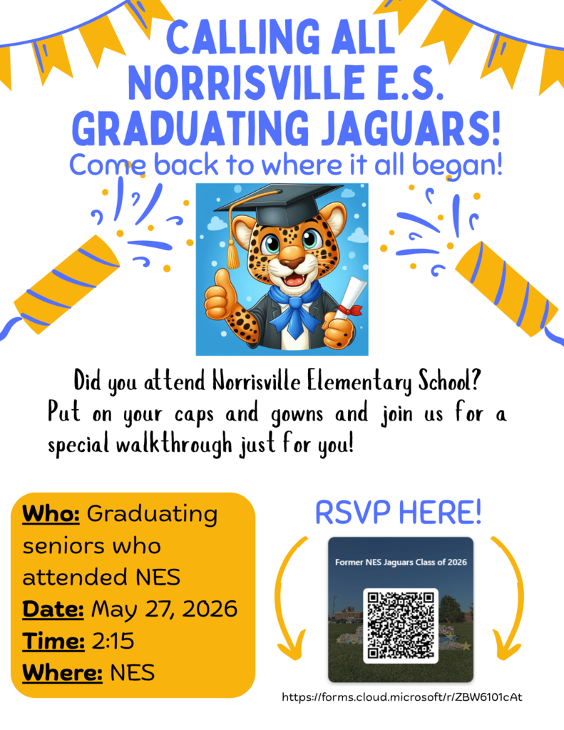 May 27 is Senior Walk Through at NES. All Seniors who attened NES are invited! RSVP with QR code.