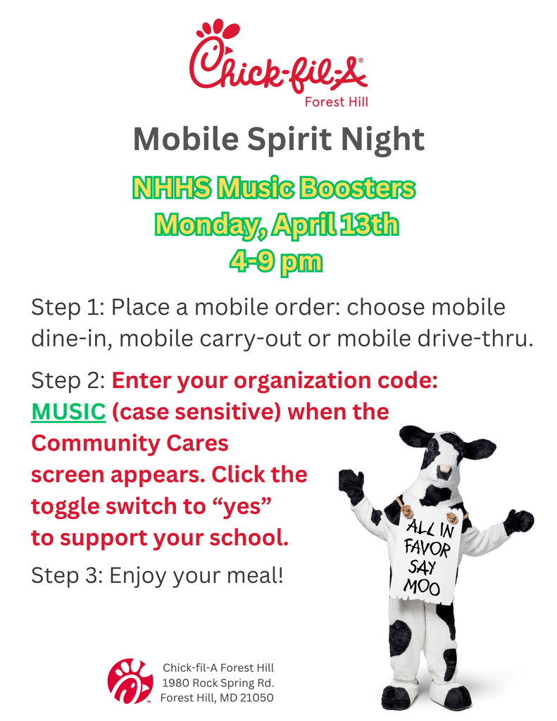 “Flyer for Chick‑fil‑A Forest Hill Mobile Spirit Night benefiting NHHS Music Boosters on Monday, April 13, 4–9 p.m., with instructions for mobile ordering and organization code MUSIC.”