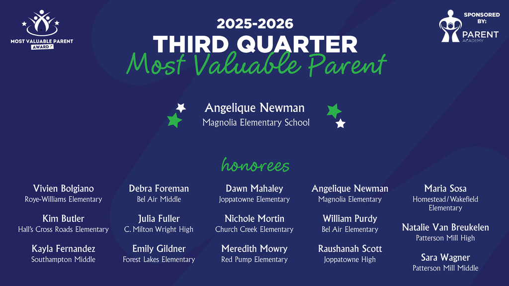 Graphic on a blue background of a list of HCPS third quarter Most Valuable Parent nominees and winner