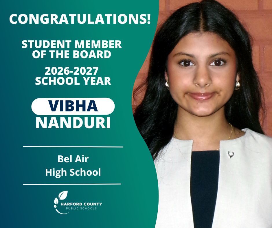 Graphic that says "Congratulations to Vibha Nanduri for being named the 2026-2027 Student Member of the Board. Also has her photo.