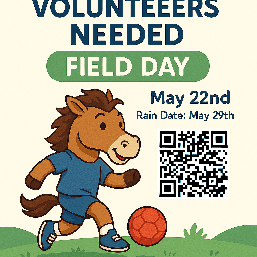 A Bronco playing soccer with a QR code to volunteer helping at Field Day