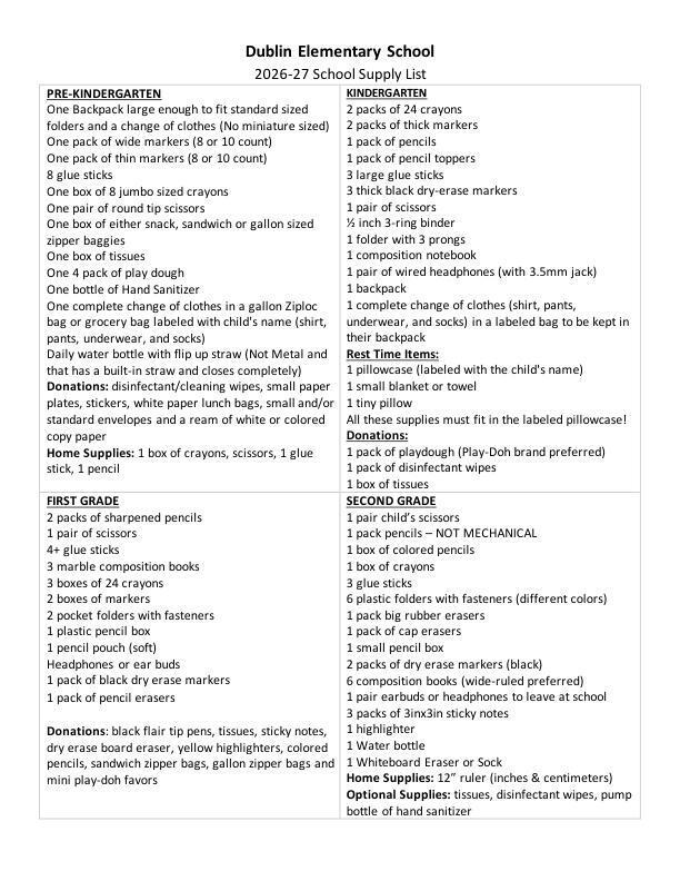 Dublin Elementary School 2026–27 school supply list showing items needed for Pre-Kindergarten, Kindergarten, First Grade, and Second Grade, including backpacks, crayons, markers, glue sticks, scissors, notebooks, headphones, and classroom donation items.