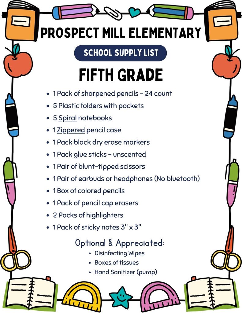 Fifth grade level supply list