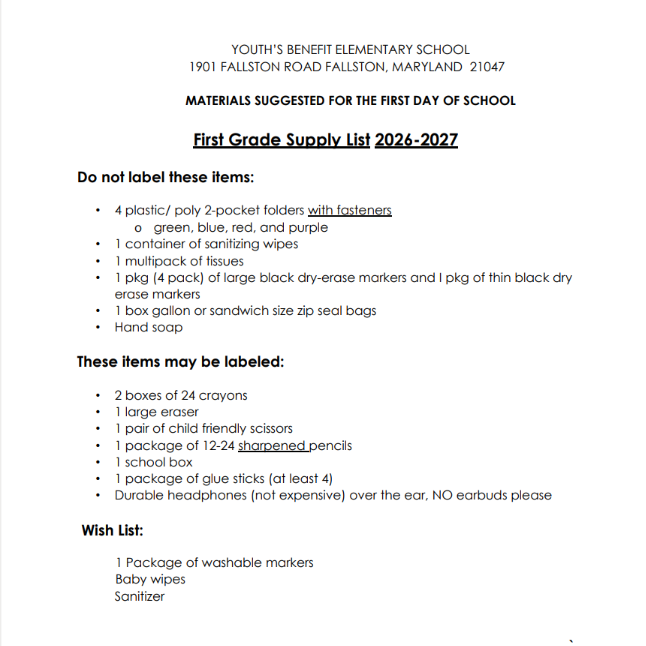 1st Grade Supply List