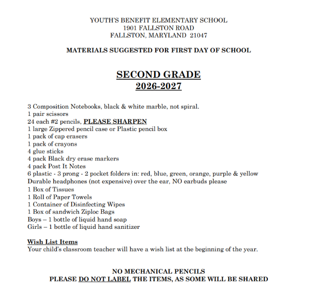 2nd Grade Supply List