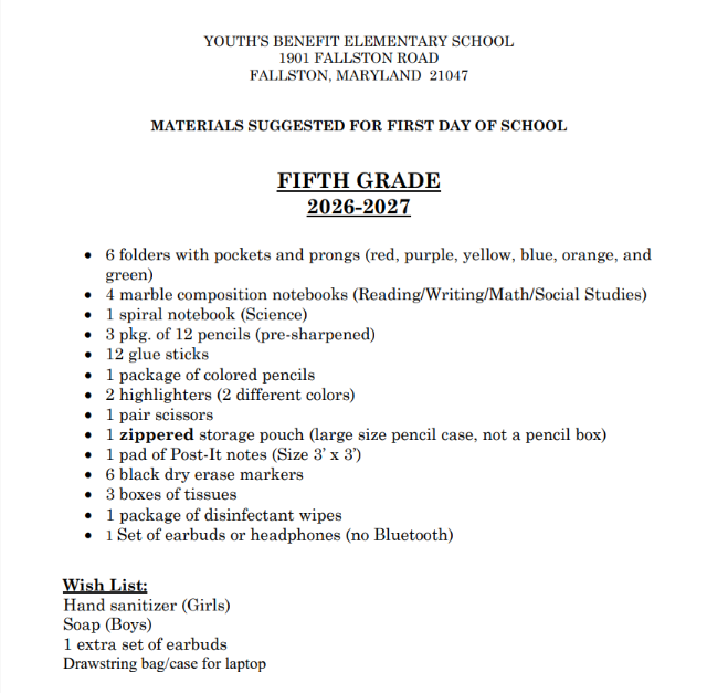 5th Grade Supply List