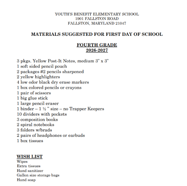 4th Grade Supply List
