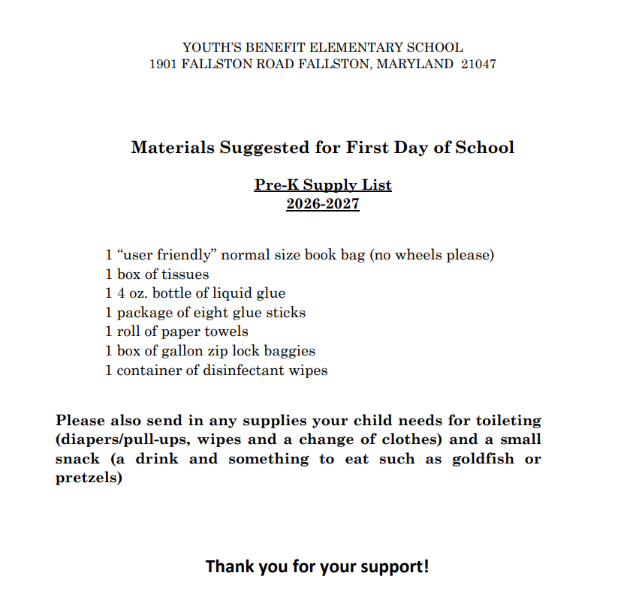 Pre-K Supply List