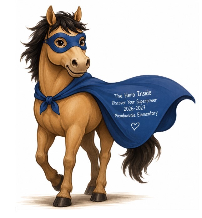 Illustration of a tan horse wearing a blue superhero mask and flowing blue cape. The horse stands confidently against a light gray background. White text on the cape reads, “The Hero Inside, Discover Your Superpower, 2026–2027, Meadowvale Elementary,” with a small heart symbol below the text.