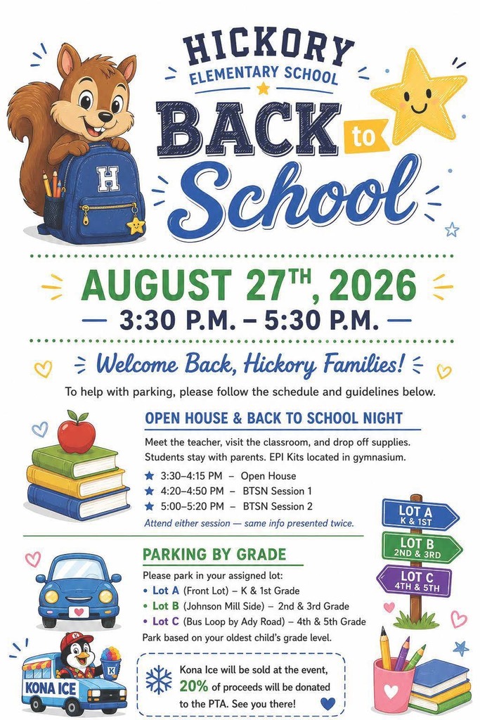 Flyer for Hickory Elementary's Open House/Back to School Night on August 27, 2026 from 3:30-5:20pm