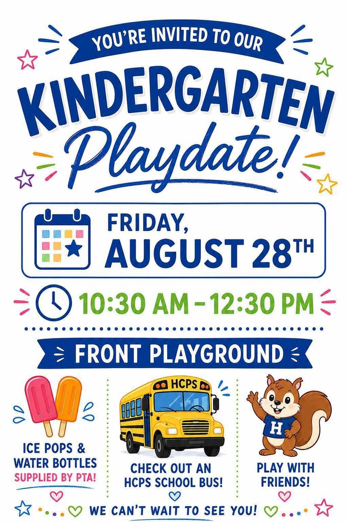 Flyer for Hickory Elementary's PTA sponsored Kindergarten Playdate on Friday, August 28, 2026 from 10:30-12:30pm in our front playground.