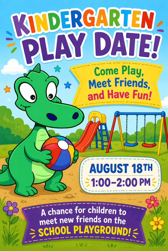 Colorful kindergarten play date flyer featuring a cartoon green dinosaur holding a beach ball on a school playground. In the background are a slide, swings, trees, clouds, flowers, and bright decorative stars. Large text reads “Kindergarten Play Date!” A yellow banner says, “Come Play, Meet Friends, and Have Fun!” Event details state “August 18th, 1:00–2:00 PM.” A purple banner at the bottom reads, “A chance for children to meet new friends on the school playground!” The design uses bright, child-friendly colors and playful fonts.