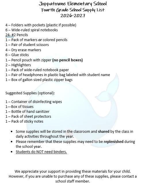 4th grade school supply list