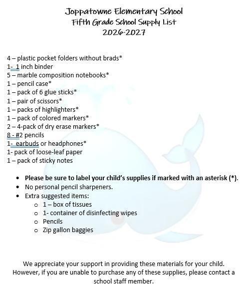5th grade school supply list