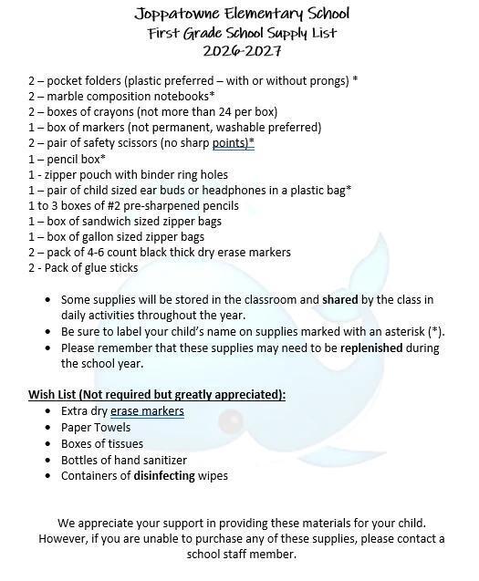 1st grade school supply list