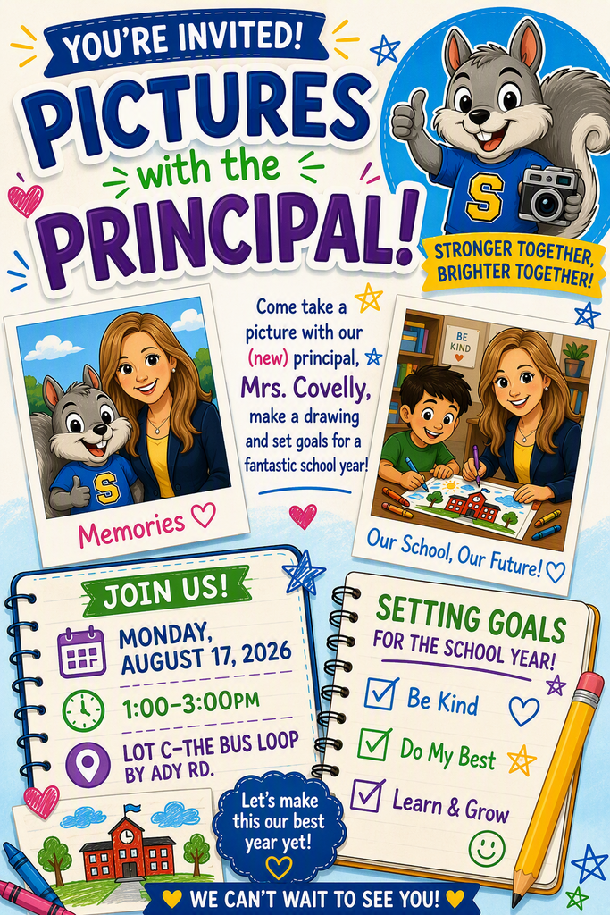 Flyer welcoming families to come meet the (new) Principal on Monday, Aug. 17 from 1-3 pm. This will be held in our Lot C bus loop by Ady Rd. We hope to see you there!