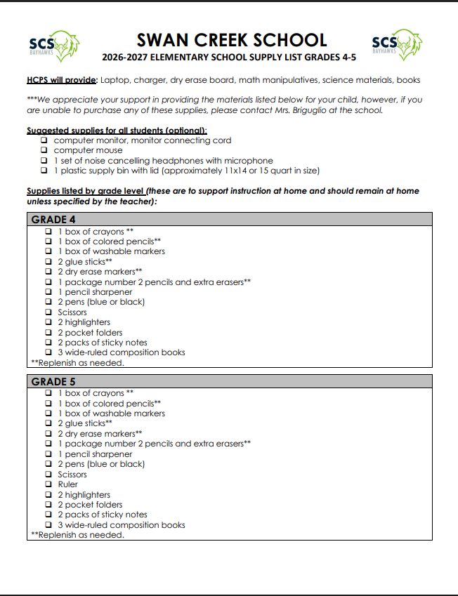 Elementary School Supply List