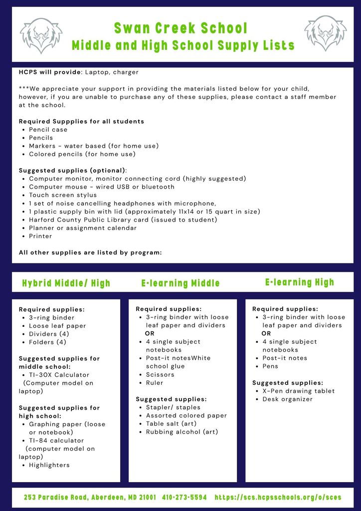 Middle and High Supply Lists
