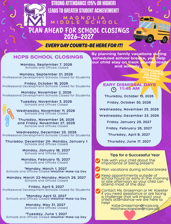 Attendance Matters-2026-2027 School Closings and Early Dismissal Schedule