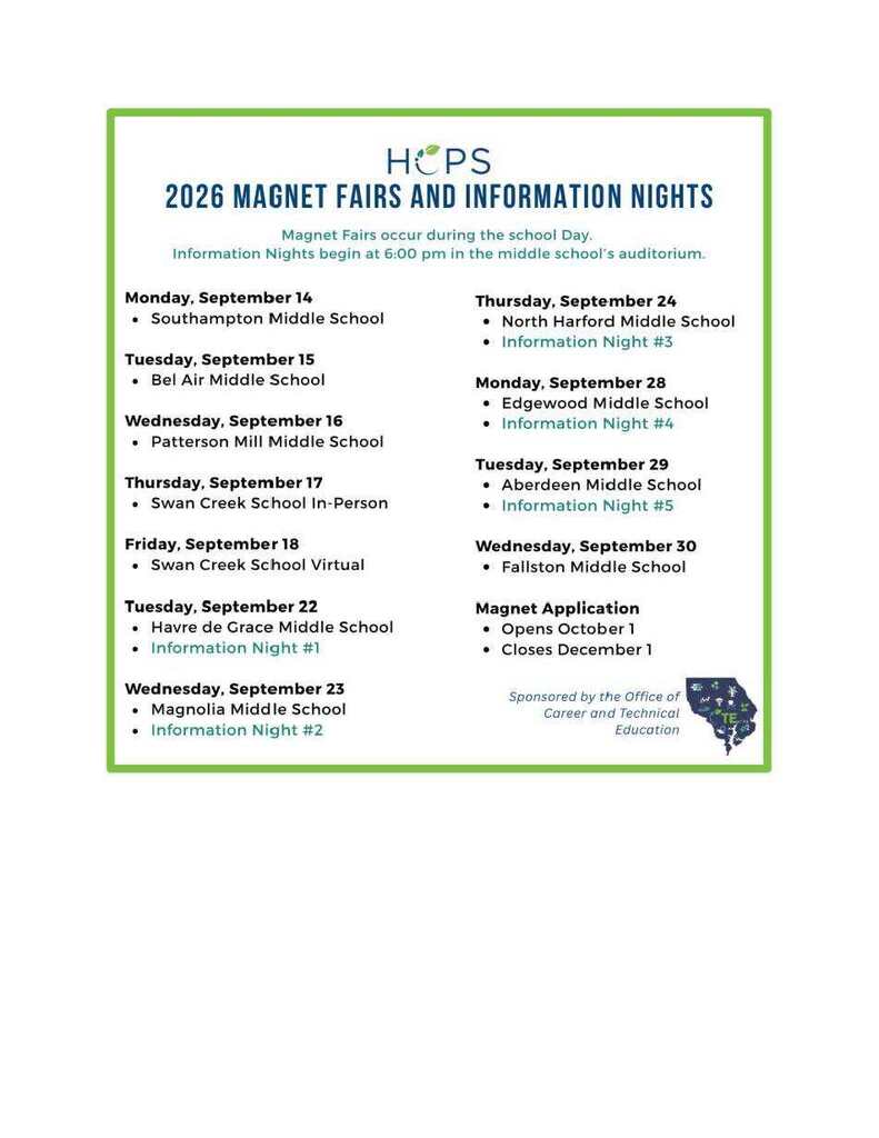 Magnet School Information Session and School Fair Dates