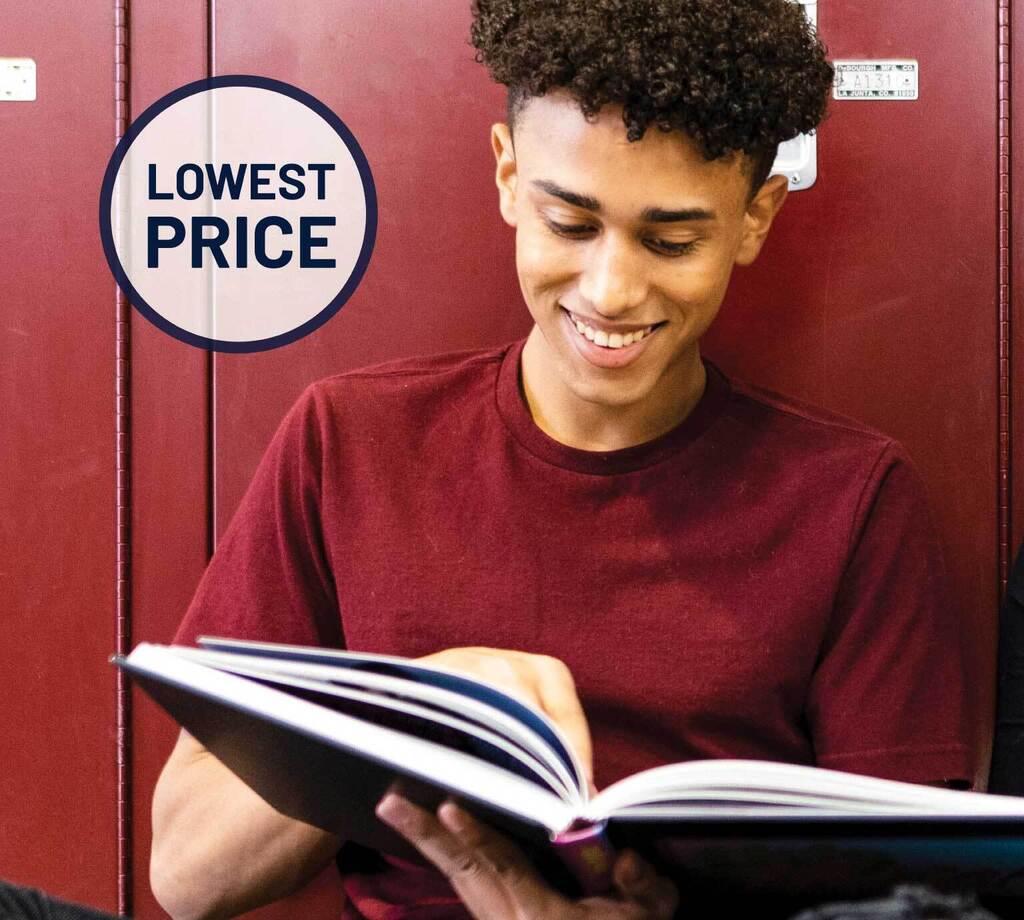 "Student looking through a yearbook while seated by red lockers. Promotional graphic highlights the lowest price of the year for yearbook purchases."
