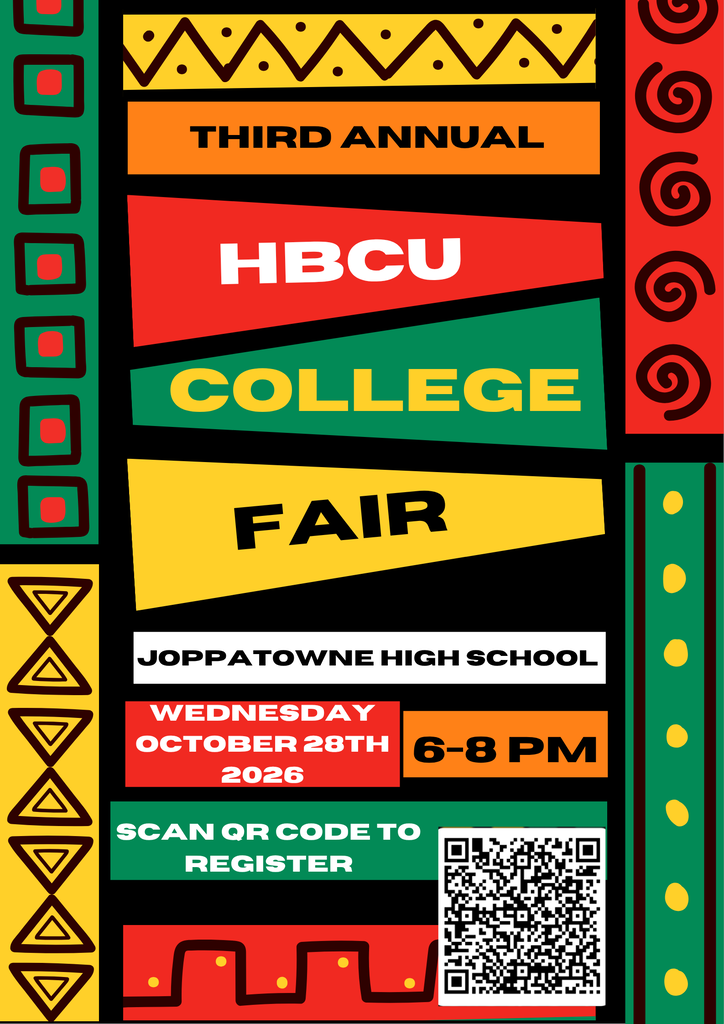 Colorful promotional flyer for the Third Annual HBCU College Fair at Joppatowne High School. The flyer features African-inspired geometric patterns in red, green, yellow, orange, and black. Large text reads "Third Annual HBCU College Fair." Event information states: "Joppatowne High School, Wednesday, October 28, 2026, 6-8 PM." The bottom portion of the flyer includes the message "Scan QR Code to Register" alongside a registration QR code.