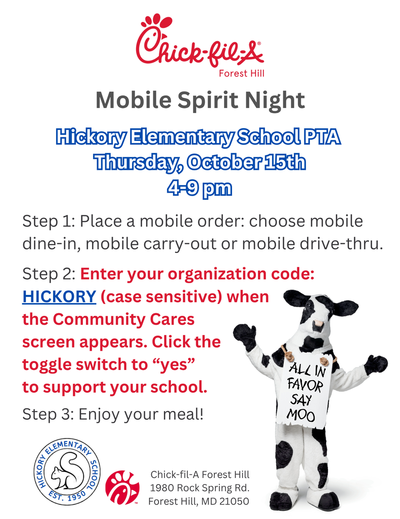 PTA Sponsored Mobile Spirit Night at Cikc Fil A Forest Hill. Oct. 15, 4-9pm