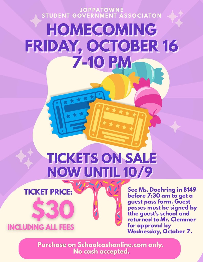 Flyer promoting the Joppatowne High School Homecoming Dance. The flyer features the words "Homecoming" prominently at the top with event details listed below. The dance will take place on Friday, October 16, from 7:00 p.m. to 10:00 p.m. Tickets are $30, including all fees, and are on sale through October 9. Students must purchase tickets through SchoolCash Online, and no cash will be accepted. Students bringing a guest are directed to obtain a guest pass form from Ms. Doehring in room B149 before 7:30 a.m. and return completed forms for approval by Wednesday, October 7. The flyer includes branding for the Joppatowne High School Student Government Association.