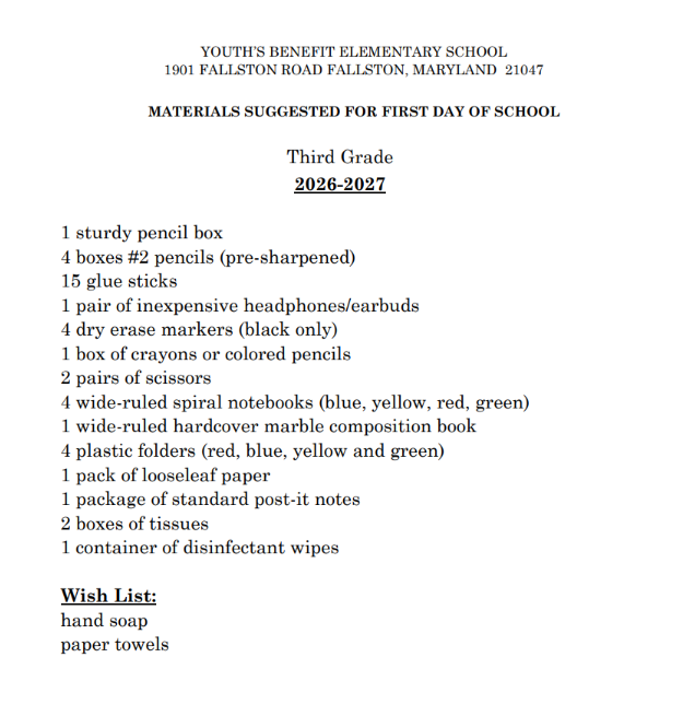 2026–2027 Third Grade school supply list for Youth's Benefit Elementary School, including required classroom supplies such as notebooks, folders, pencils, headphones, tissues, and a classroom wish list.