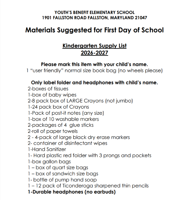 2026–2027 Kindergarten school supply list for Youth's Benefit Elementary School, including required classroom supplies, labeling instructions, and durable over-the-ear headphones.