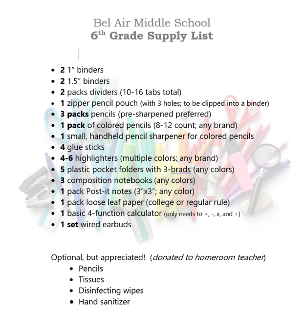 6th Grade School Supply List 2026-2027