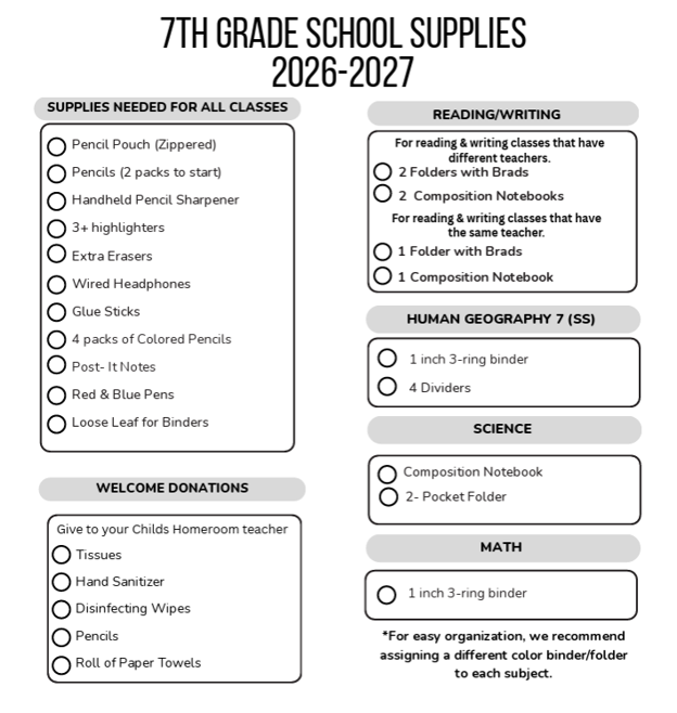 7th Grade School Supply List 2026-2027
