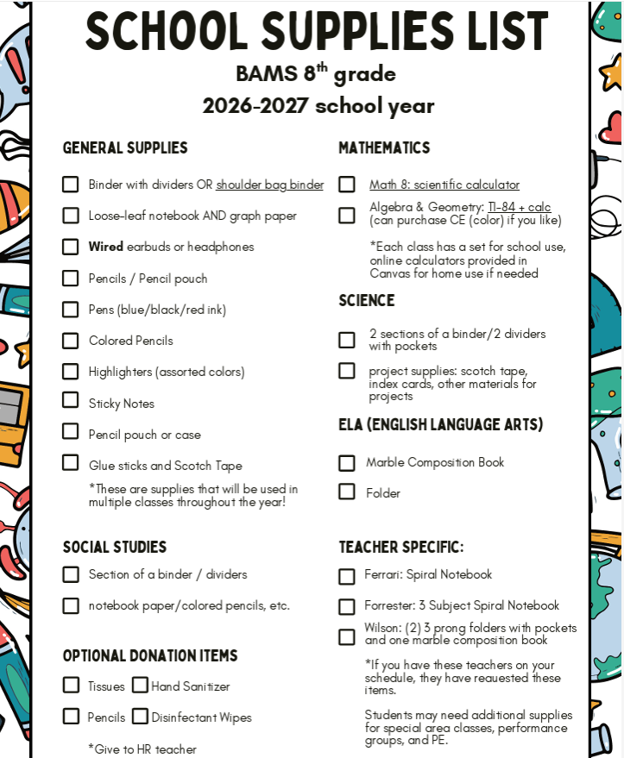 8th Grade School Supply List 2026-2027