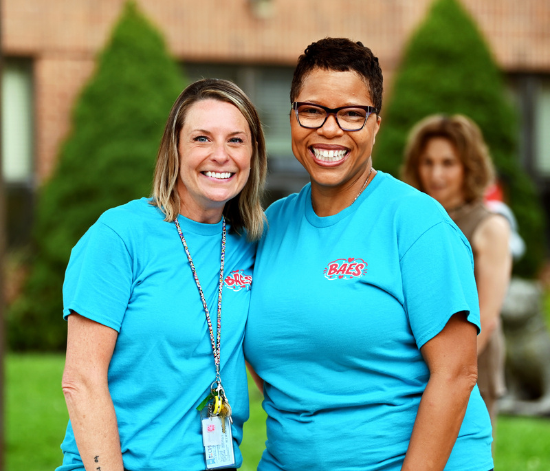 Dr. Mack poses and smiles with Ms. Scharpf, principal of Bel Air Elementary
