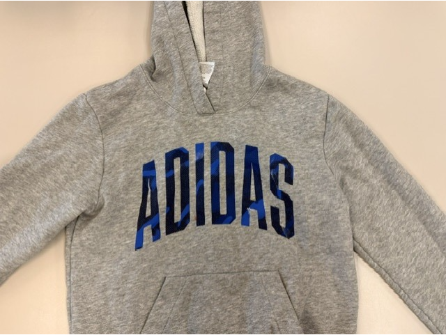 Gray adidas sweatshirt with blue writing