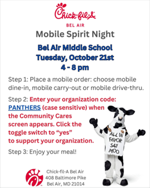 Chick-fil-A Bel Air Mobile Spirit Night for Bel Air Middle School on Tuesday, October 21st from 4-8 p.m.