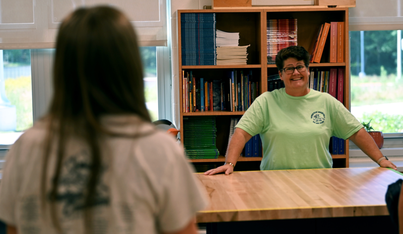 Homestead-Wakefield Elementary School teacher shows off new classroom to a student
